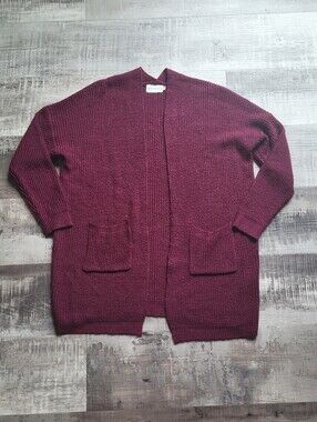 Dreamers Cardigan Size Medium Open Front Ribbed Knit Sweater Pockets Burgundy